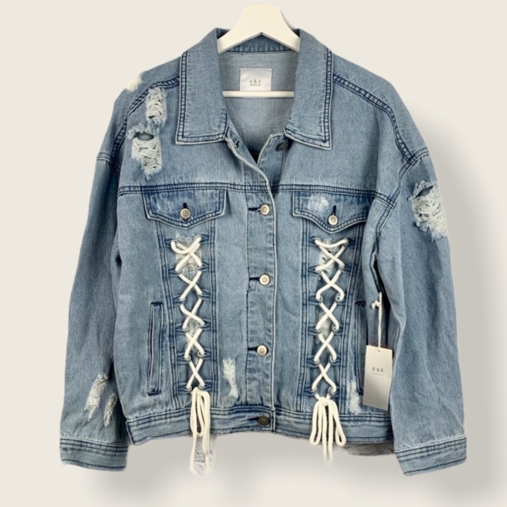 NEW Light Wash Lace-Up Distressed Denim Jacket - Picture 3 of 3